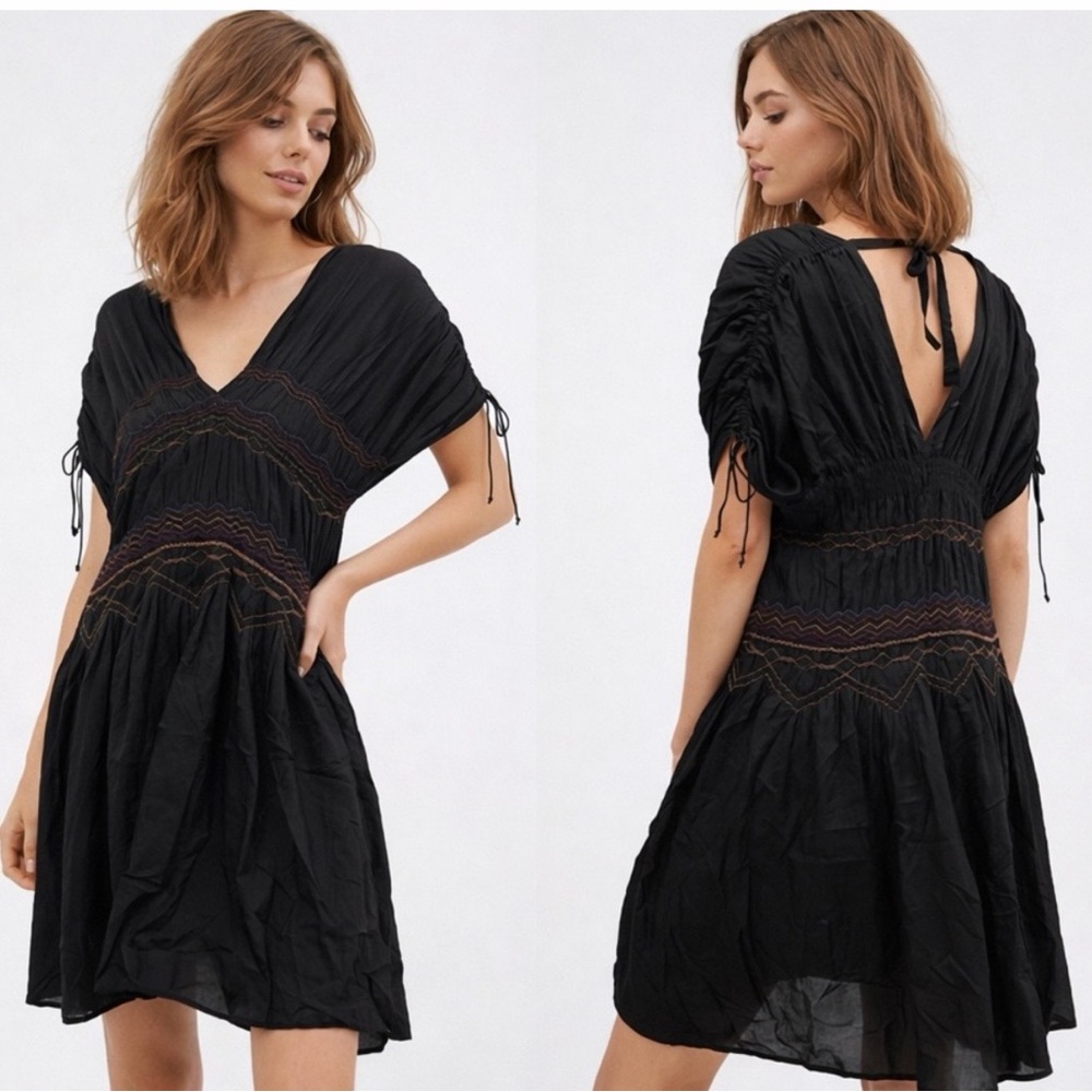 Free People Black V-Neck Dress with Multicolor Embroidered Waist